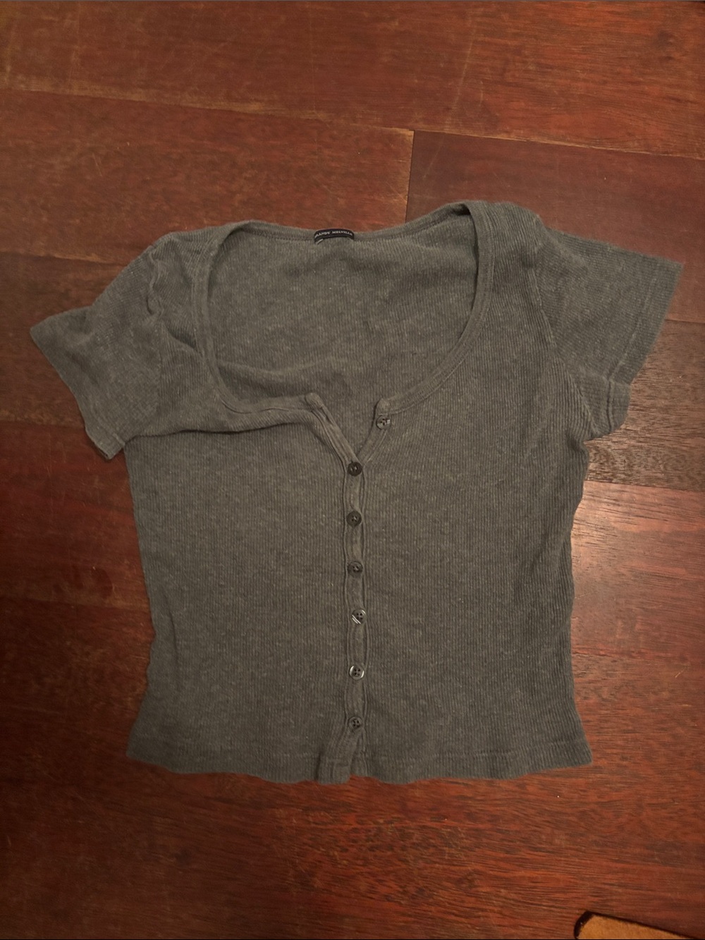 Brandy Melville Gray Short-Sleeve Ribbed Button-Front Top